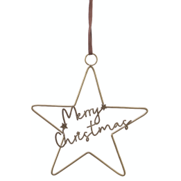 A gold wire star ornament with "Merry Christmas" elegantly scripted inside it.