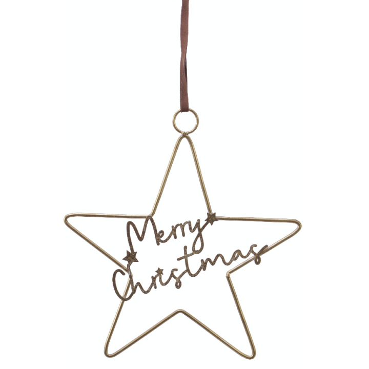 Gouden metalen sterhanger met de tekst "Merry Christmas" en een bruine lint.