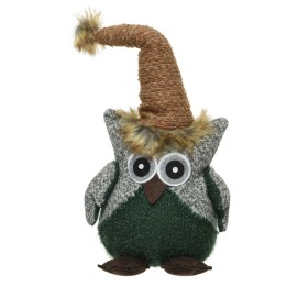 A cute, round owl plush in green and gray, wearing a textured brown hat with a fluffy trim.