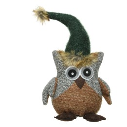 A whimsical owl plush toy with a fuzzy green hat and large googly eyes.