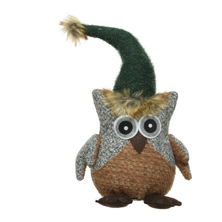 A whimsical owl plush toy with a fuzzy green hat and large googly eyes.