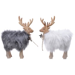 Deux rennes en bois, l'un gris et l'autre blanc, ornés de fourrure douce et de bois sculpté.
