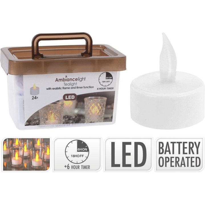 Boîte transparente contenant des bougies LED blanches, avec un couvercle marron.