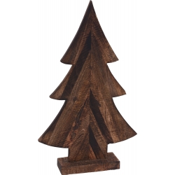 Een houten kerstboom in donkere tinten, met drie gestapelde, puntige takken.