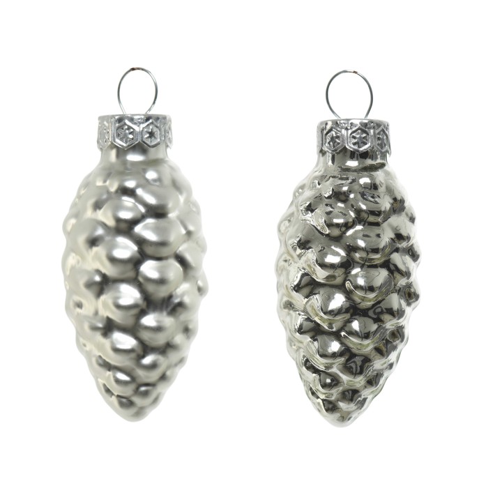 Shiny silver pine cone ornaments with textured surfaces and metal caps.