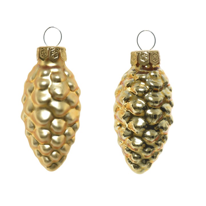 Two shiny gold pinecone ornaments with a textured surface, reflecting light beautifully.