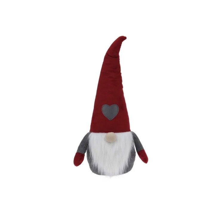 A whimsical plush gnome with a tall red hat, gray body, and fluffy white beard.