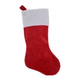 A plush red Christmas stocking with a fluffy white cuff and a hanging loop.