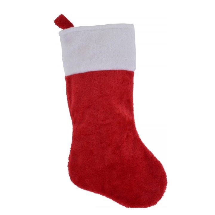 A plush red Christmas stocking with a fluffy white cuff and a hanging loop.