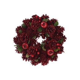 A festive wreath made of deep red pinecones and berries, adorned with green leaves.