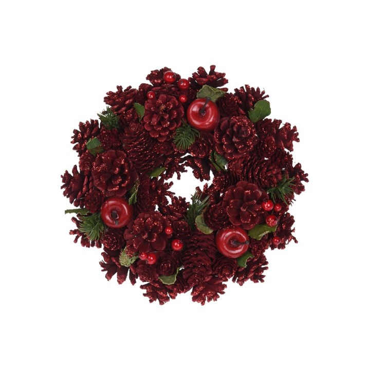Couronne décorative rouge ornée de pommes, pommes de pin et feuillage brillant.
