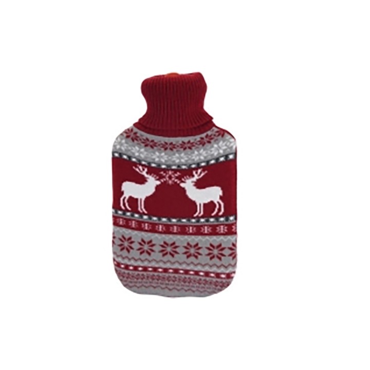 A cozy red and gray hot water bottle cover with reindeer and snowflake designs.