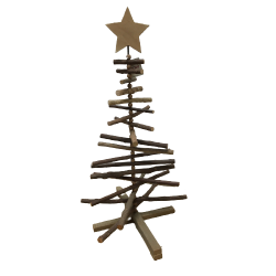 A rustic wooden Christmas tree with a star on top, made from layered sticks.