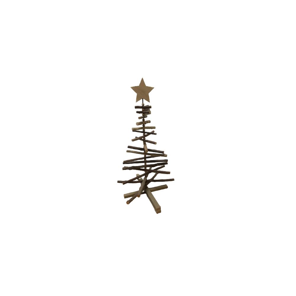 A rustic wooden Christmas tree with a star on top, made from layered sticks.