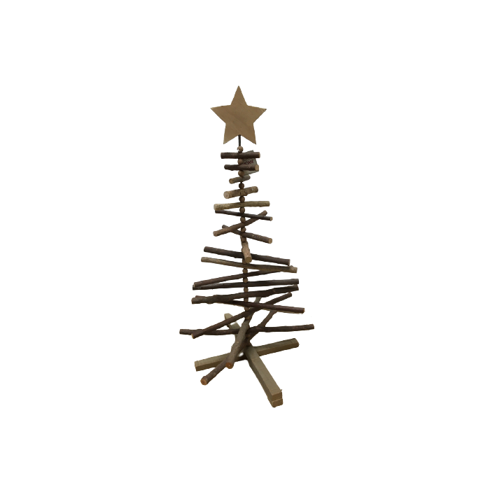 A rustic wooden Christmas tree with a star on top, made from layered sticks.