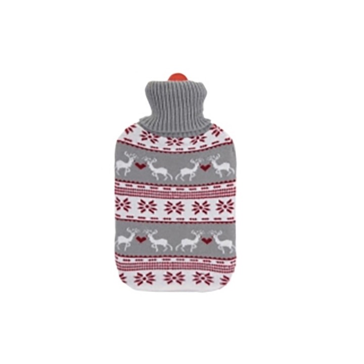 A cozy gray hot water bottle with festive reindeer and snowflake patterns in red and white.