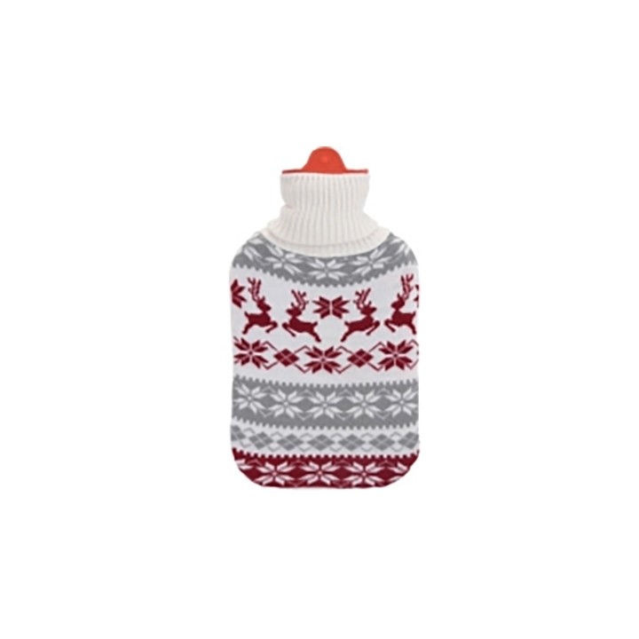 A cozy hot water bottle with a festive knit cover featuring red reindeer and snowflakes.