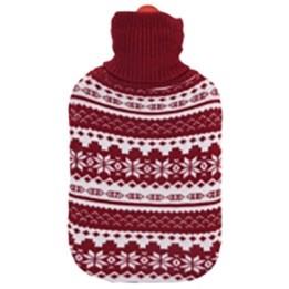 A cozy red hot water bottle cover with a white snowflake pattern and a turtleneck design.