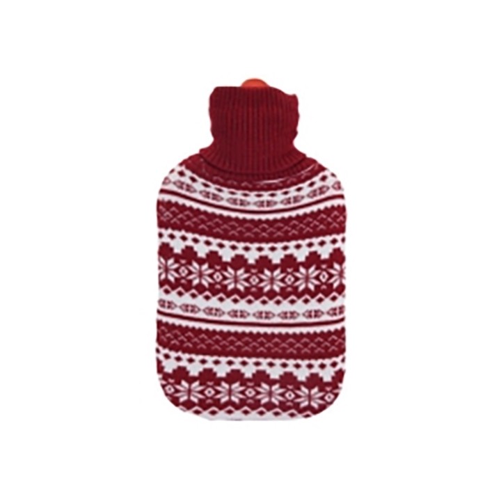 A cozy red hot water bottle cover with a white snowflake pattern and a turtleneck design.
