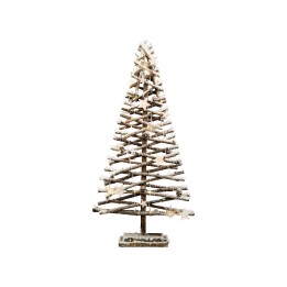 A rustic wooden Christmas tree with a snowy finish, standing on a sturdy base.