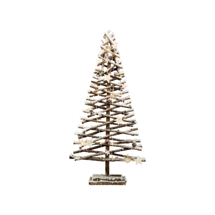 A rustic wooden Christmas tree with a snowy finish, standing on a sturdy base.