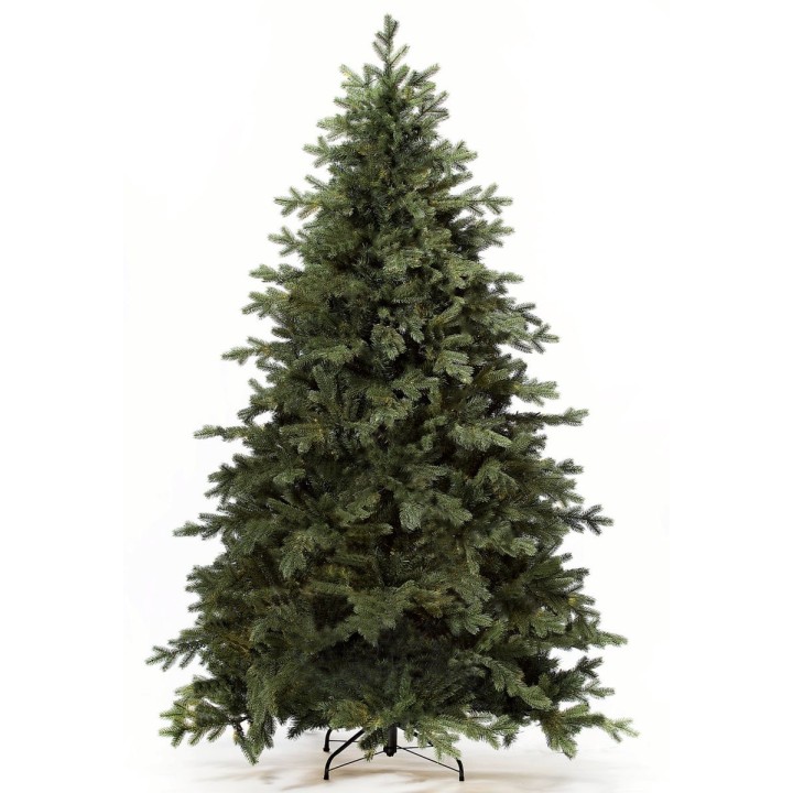 A lush, green artificial Christmas tree with full branches and a sturdy black stand.