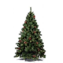 Sapin artificiel vert, décoré de pommes de pin et illuminé de petites lumières dorées.