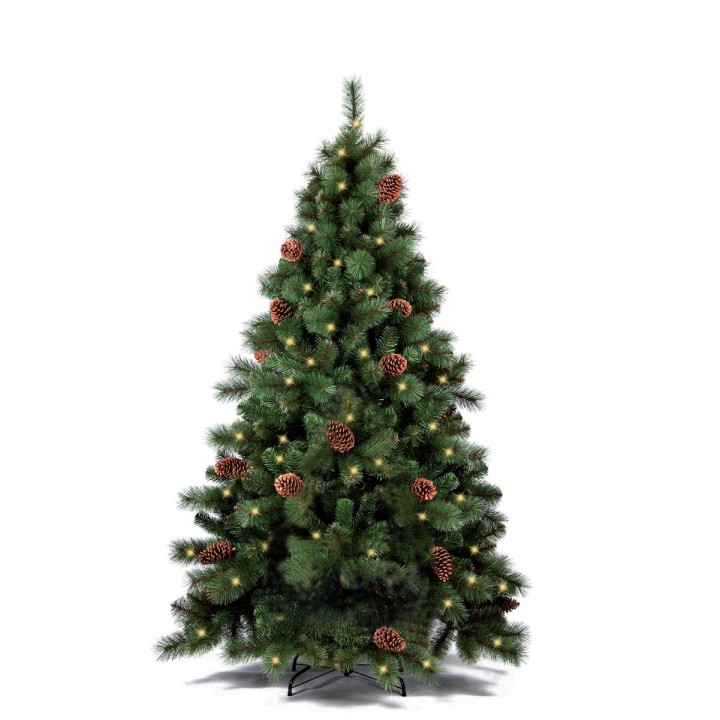 A lush green Christmas tree adorned with pinecones and soft, warm lights.