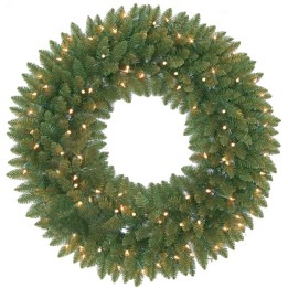 Couronne de Noël en branches vertes, ornée de lumières blanches scintillantes.