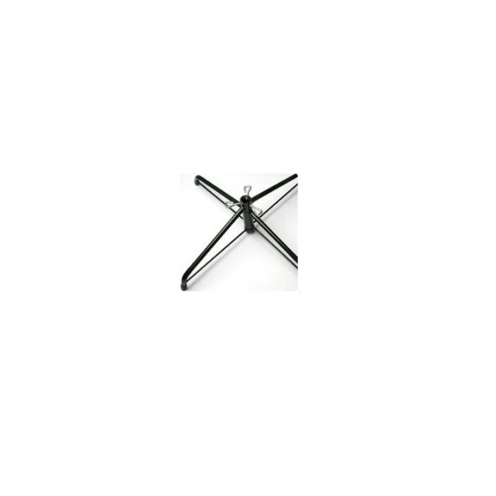 A black metal base with cross-shaped legs, designed for stability and support.