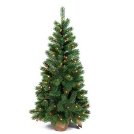 A lush green artificial Christmas tree adorned with warm twinkling lights.