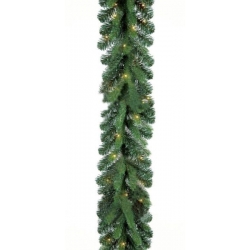 A lush green garland with twinkling lights, perfect for festive decorations.