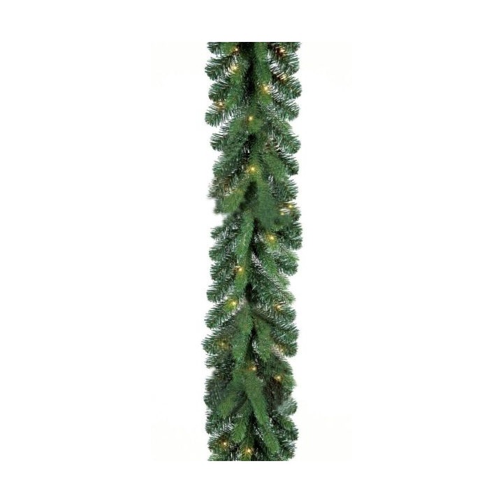 A lush green garland with twinkling lights, perfect for festive decorations.