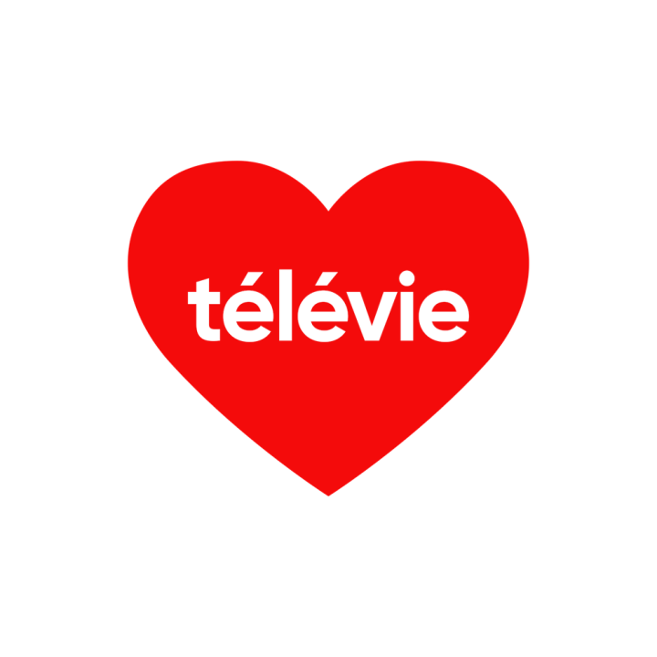 A bold red heart with the word "télévie" in white, set against a black background.