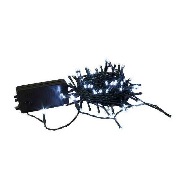 A tangled string of white fairy lights with a black power adapter.