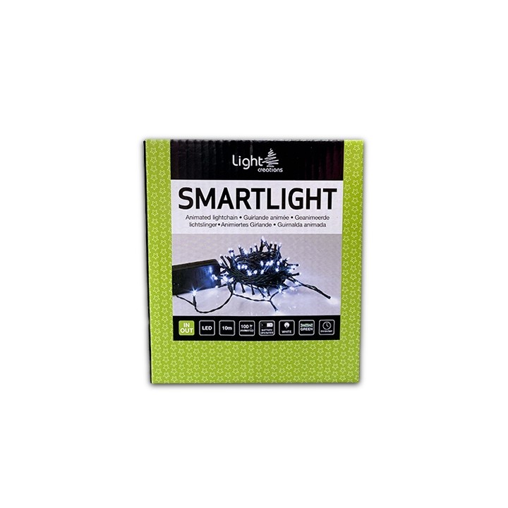 A green box with white text displaying LED string lights for indoor and outdoor use.