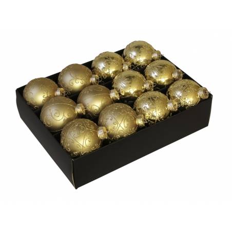 12 Golden Christmas baubles with pattern