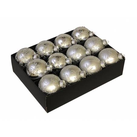 12 Silver Christmas baubles with pattern