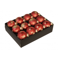 A box containing twelve shiny red Christmas ornaments with gold designs.