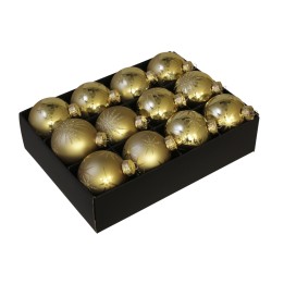 Douze boules de Noël dorées, brillantes, dans une boîte noire élégante.