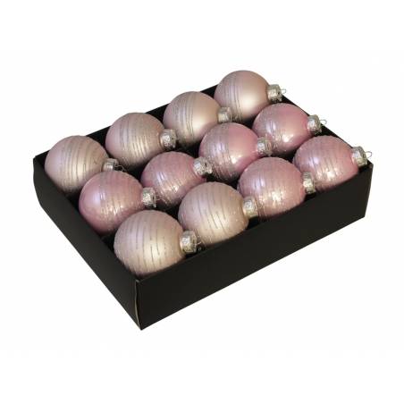 12 pink stripy Christmas baubles