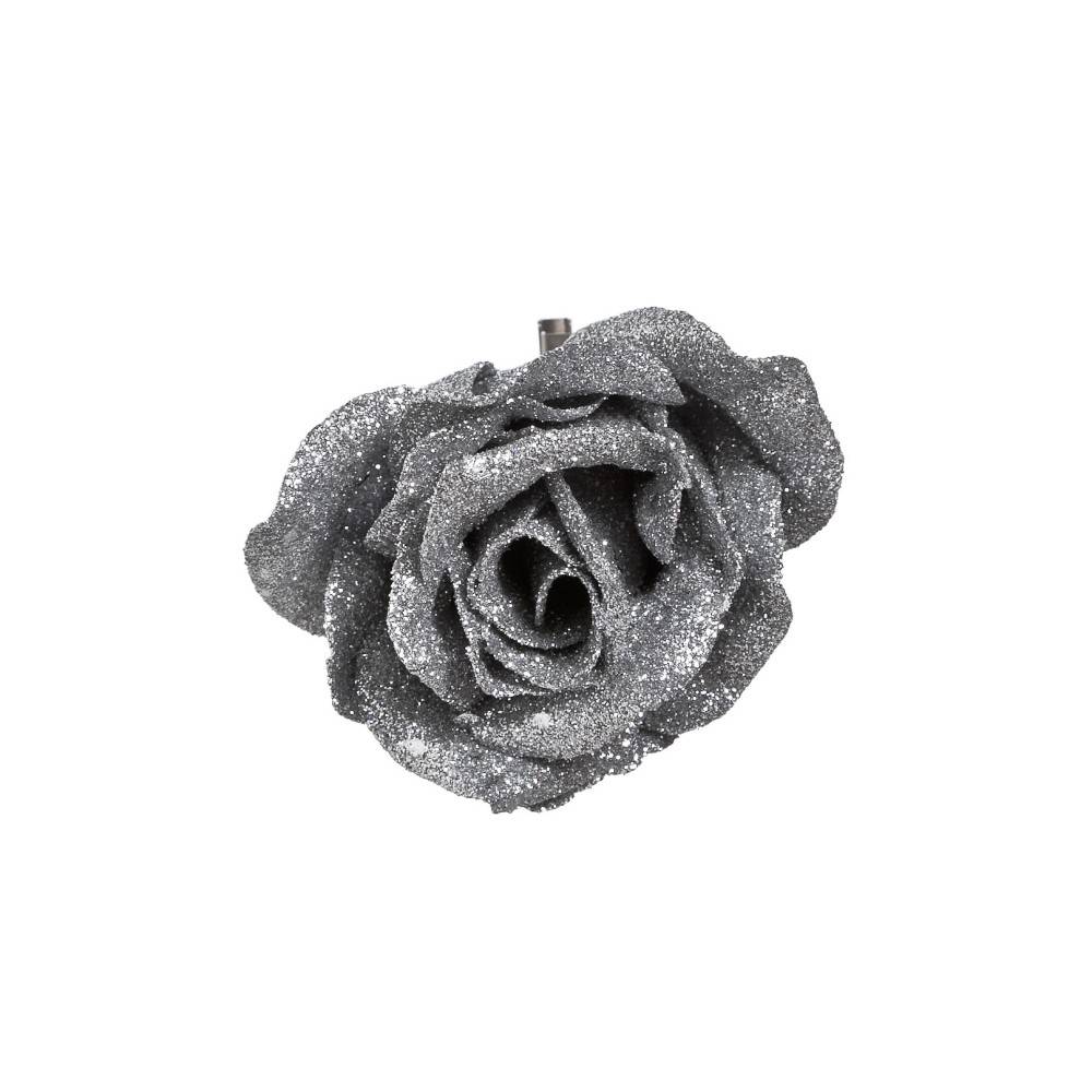 Glittery silver rose on a clip