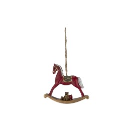 Cheval à bascule rouge, élégant, avec une crinière blanche, sur une base en bois naturel.