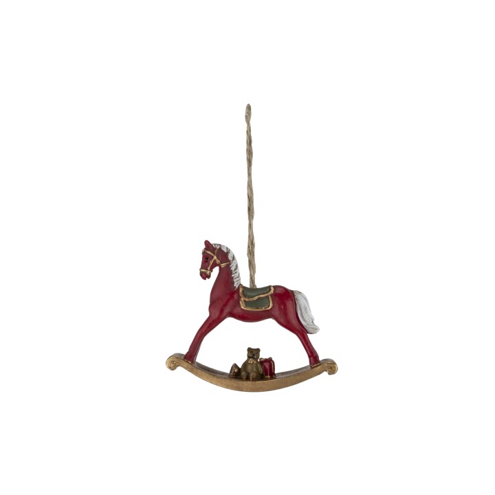 Cheval à bascule rouge, élégant, avec une crinière blanche, sur une base en bois naturel.