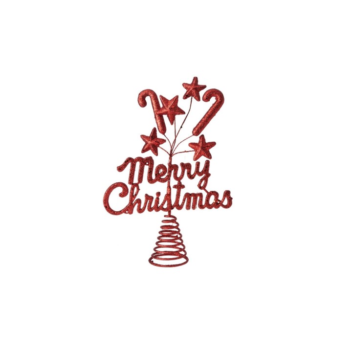 Glittery red Christmas decoration with swirling letters and star accents.