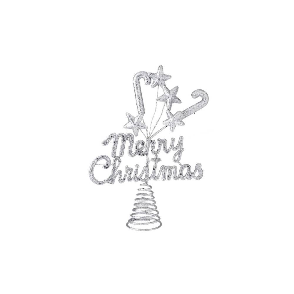 A sparkling silver Christmas tree topper with stars and candy canes.