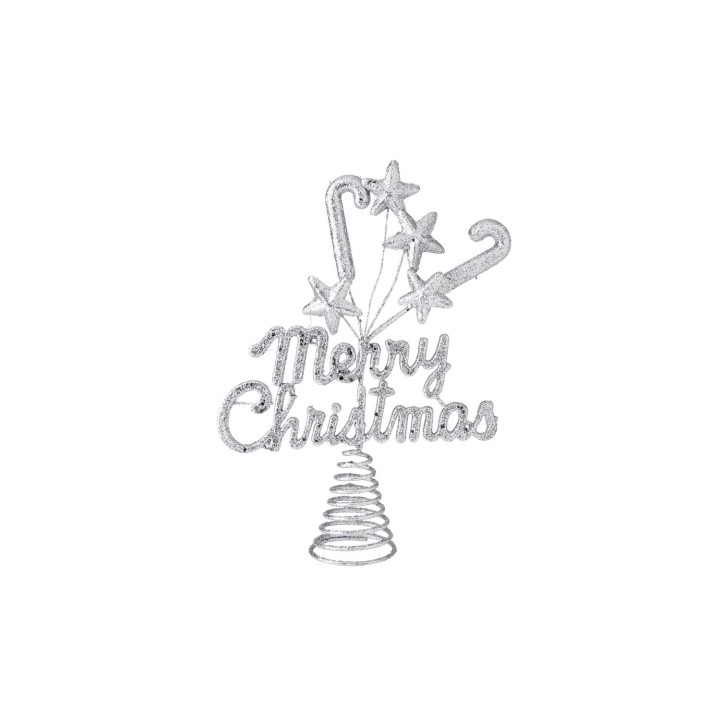 A sparkling silver Christmas tree topper with stars and candy canes.