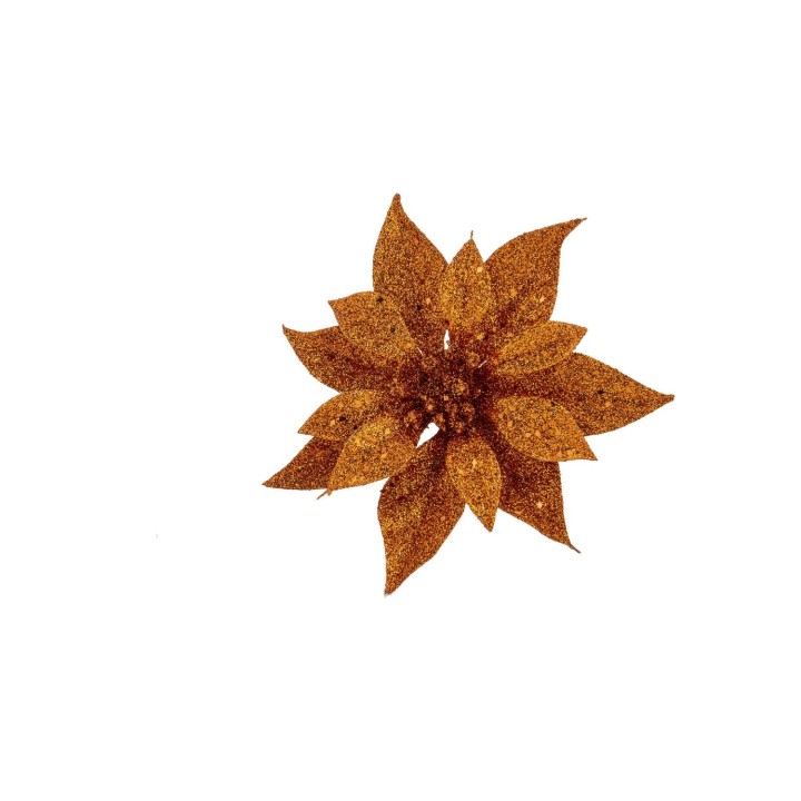 A shimmering, orange glitter flower with pointed petals against a white background.