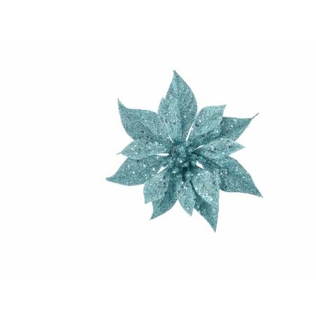 A shimmering teal flower with sparkling petals against a white background.