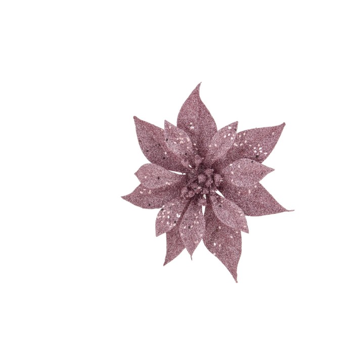 A shimmering, pink poinsettia with glittery leaves, set against a white background.